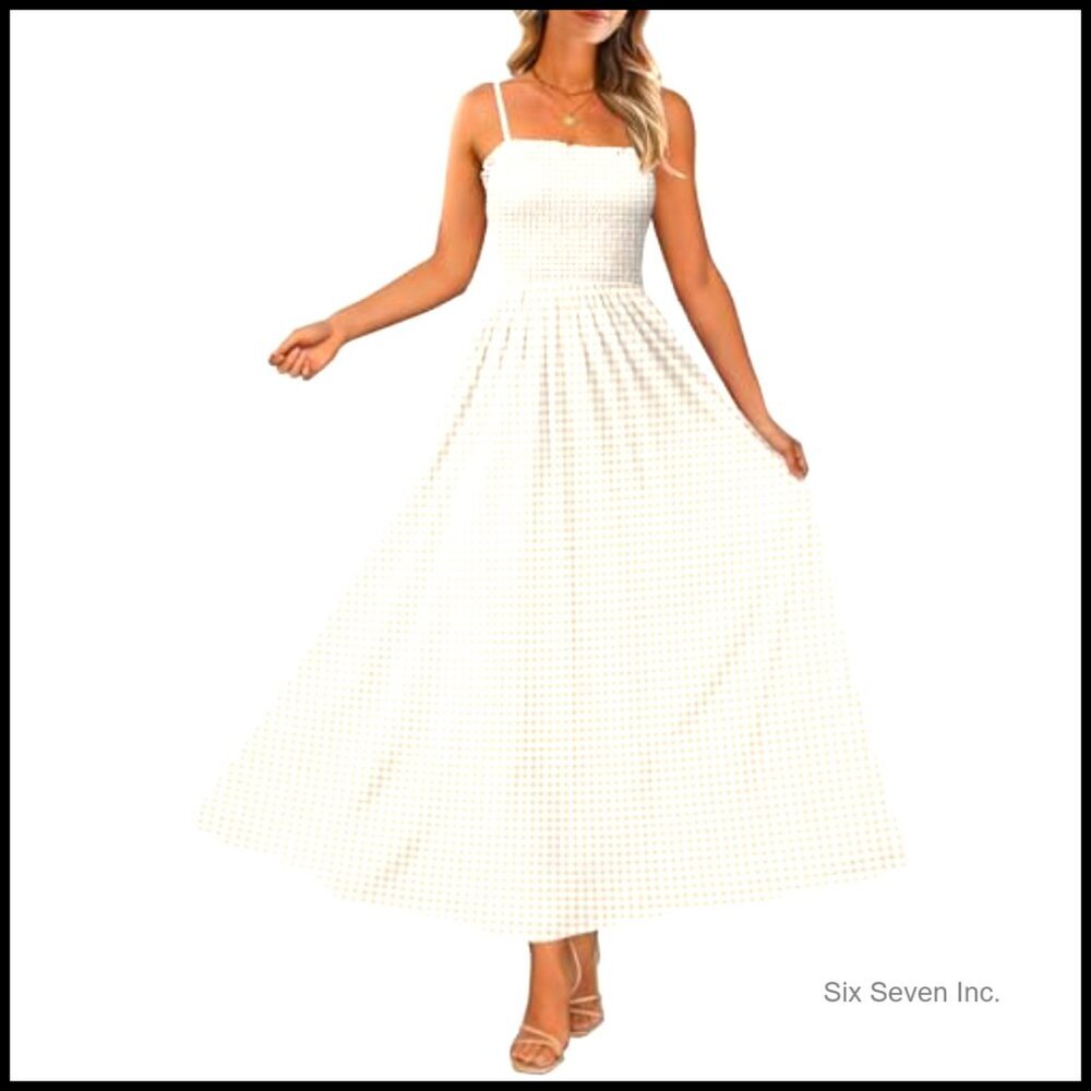 Spaghetti Strap Maxi Dress Smocked Boho Beach Casual Summer Flowy Sundress - Picture 2 of 7